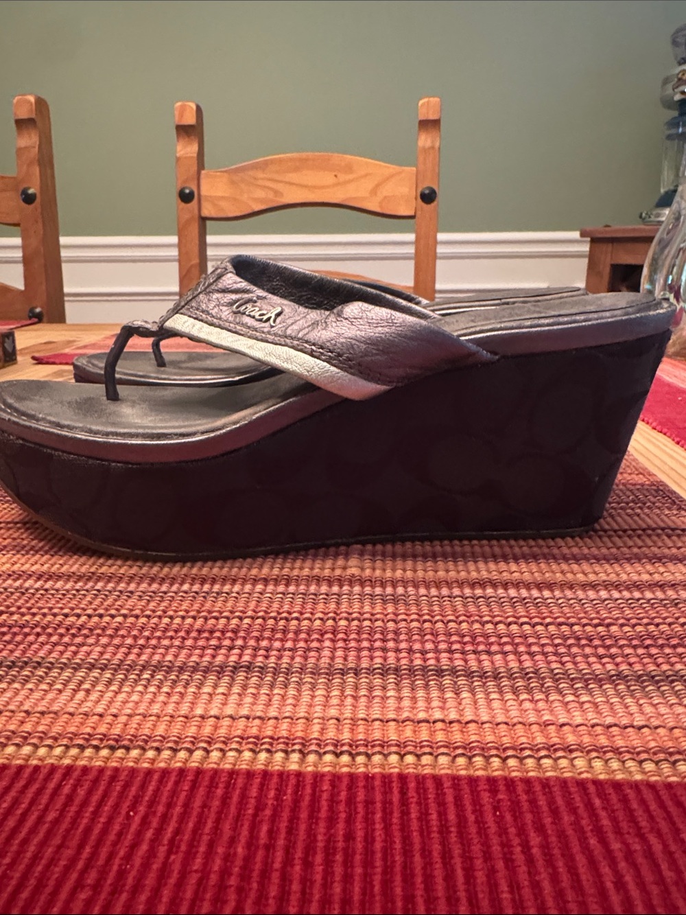 Coach Black and Silver Wedge Flip Sandals